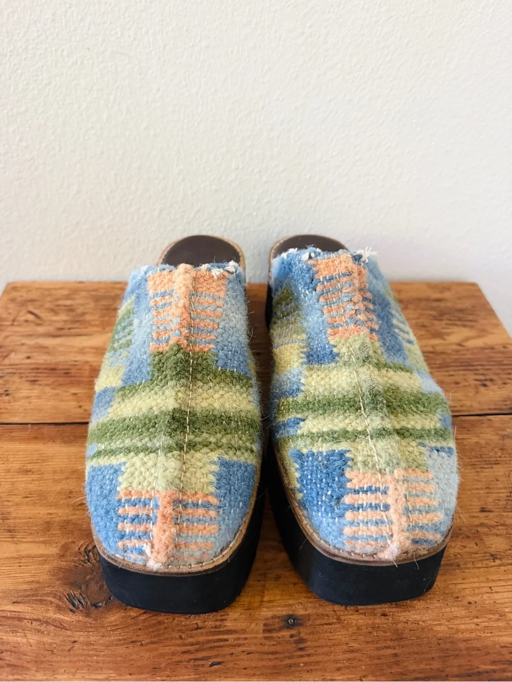 Free People Astrid Platform Mule in Blue Tweed Motif - Slides